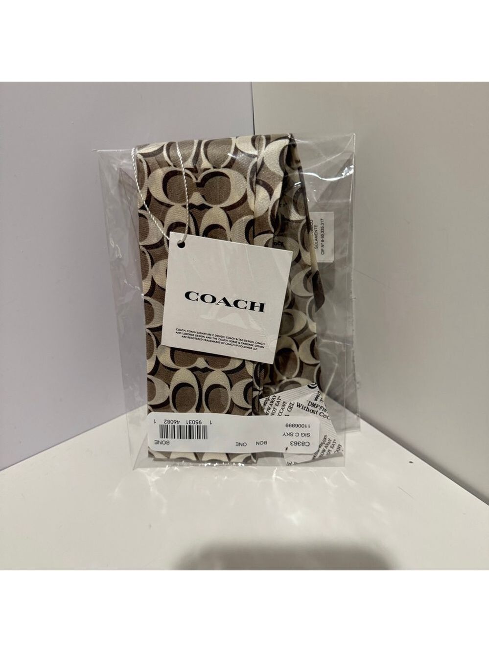 NEW Coach Signature Print Silk Skinny Scarf Bone C8363 NWT